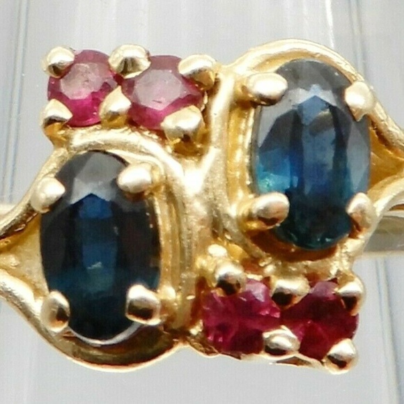 BEAUTIFUL Solid 14k Yellow Gold / Sapphire / Ruby Ladies Ring Size 6 - Picture 7 of 8